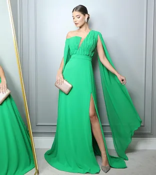 Длинные Зеленые Вечерние платья в складку на одно плечо с разрезом-футляром И небольшим шлейфом, вечерние платья для выпускного вечера для женщин, Vestidos de Noche для женщин