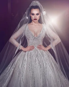 Роскошное свадебное платье с бисером Princess Illusion, свадебное платье с длинным рукавом, сексуальное бальное платье с глубоким V-образным вырезом, свадебные платья