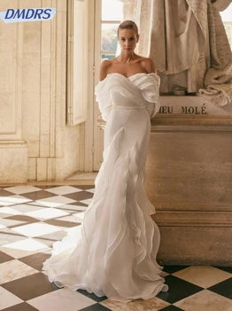 Изящный халат невесты с открытыми плечами, простое свадебное платье в складку без спинки, Классическое прямое длинное свадебное платье Robe De Mariée