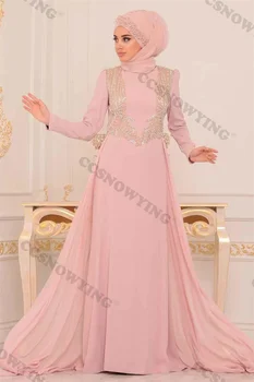 Розовые Шифоновые аппликации, Мусульманские вечерние платья в стиле хиджаб, Исламское вечернее платье с длинным рукавом, Женское Арабское вечернее платье в Дубае