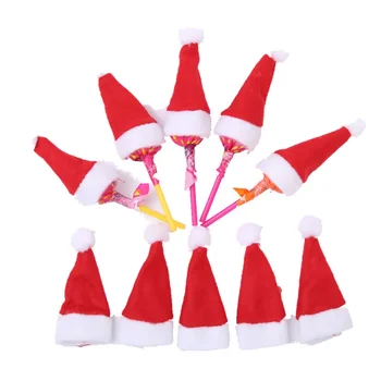 10шт Мини-красная Шляпа Санта-Клауса, крышка от бутылки, Рождественское украшение для домашнего праздничного стола с леденцами на палочке, Рождественский декор
