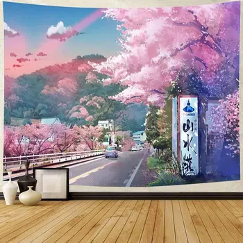 Аниме Декорации Гобелен Японская гора с цветущей сакурой Гобелены Деревня Сакура Настенный гобелен для спальни