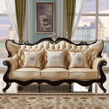 Кожаный диван в европейском стиле, гостиная, небольшая квартира, роскошное освещение из черного дерева, Мебель для виллы в американском стиле на первом этаже из воловьей кожи