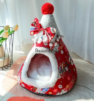 Кошачье гнездо, Рождественская елка, теплый полузакрытый Дышащий Встроенный Съемный и моющийся износостойкий питомник для домашних животных