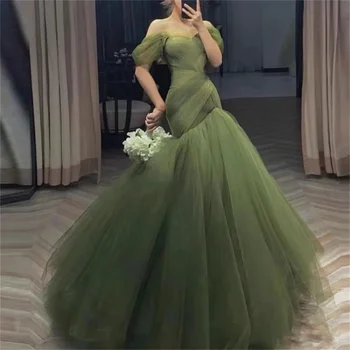 Новое зеленое тюлевое платье 2024 года Русалка Длинные выпускные платья с открытыми плечами Милые складки Облегающие стильные вечерние платья