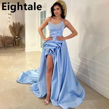 Eightale Светло-голубое атласное платье Русалки для выпускного вечера с сексуальным разрезом, вечернее платье для вечеринок, жемчуг, вечернее платье для выпускного вечера без бретелек, халаты De Soirée