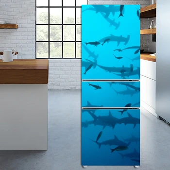 Наклейки с акулами-молот, дверная крышка, обои для холодильника, Клейкая виниловая пленка для морозильной камеры, декор, забавная художественная роспись, кухня