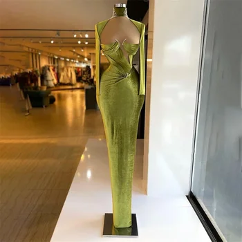 Сексуальное коктейльное вечернее платье цвета русалки зеленого цвета с жемчугом, с высоким воротом и длинными рукавами длиной до пола, расшитое бисером, бархатное роскошное вечернее платье для леди