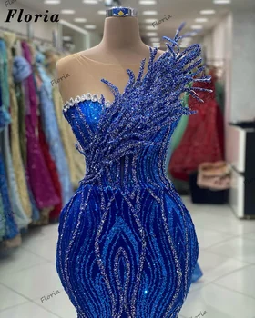 Высокая мода Королевский Синий Русалка Вечерние Платья Для Свадебной Вечеринки 2023 Арабский Бисер Кристаллы Платья Для Выпускного Вечера Женское Коктейльное Платье