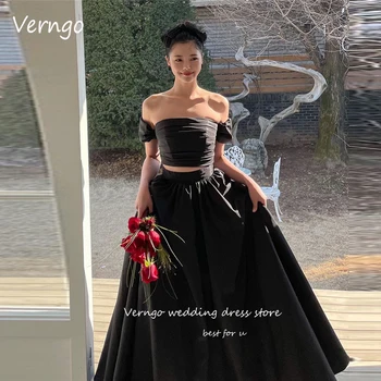 Verngo Простые вечерние платья из черной тафты трапециевидной формы в Корейском стиле, два предмета, рукава с открытыми плечами, Длинные вечерние платья для выпускного вечера