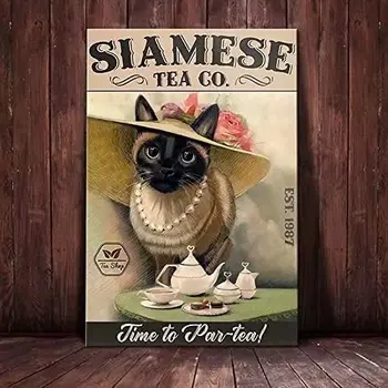 Сиамский кот с металлическими жестяными знаками Tea Co. Time To Par-Tea Забавный плакат с принтом, кафе, мастерская, кухня, домашнее искусство, настенный декор, Памятная доска, подарок