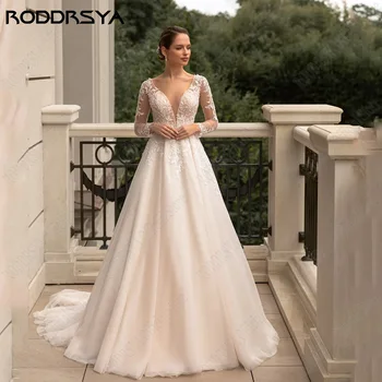 RODDRSYA Романтические свадебные платья С длинными рукавами и открытой спиной, вечерние платья для невесты, Легкое Шампанское, Трапециевидная аппликация, vestidos de novia