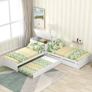 Г-образная двуспальная кровать на платформе из дерева Euroco с выдвижными ящиками и сундуком, квадратный столик для детской спальни, белый