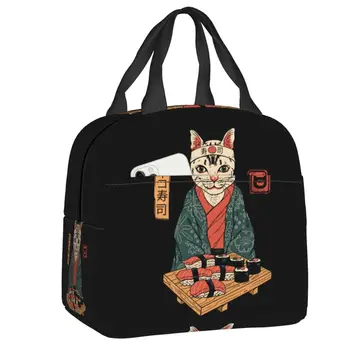 Японский кот-самурай Термоизолированная сумка для ланча Japan Sushi Neko Портативный Ланч-бокс для домашних животных для женщин, детских школьных сумок для еды