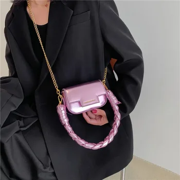 Популярная женская сумка 2024, новая мода, плетение на одно плечо, блестящая лазерная маленькая квадратная сумка, кошельки и сумочки