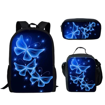 Популярная мода, забавный 3D-принт с рисунком бабочки, 3 шт./компл., школьные сумки для учеников, рюкзак для ноутбука, сумка для ланча, пенал для карандашей