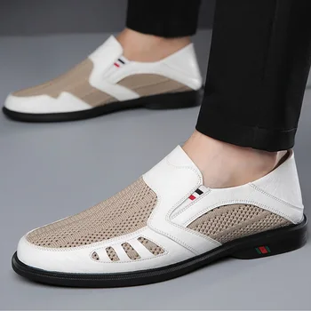 Новые летние мужские деловые повседневные кожаные туфли 2023 года, модные сетчатые туфли на мягкой подошве, Дышащие мокасины One Step, мужские сандалии
