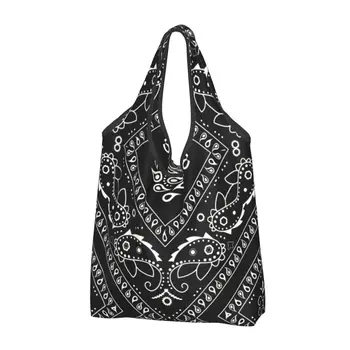 Черные сумки-тоут с рисунком Банданы для покупок в продуктовых магазинах, женские Модные сумки через плечо в стиле Пейсли, сумки Большой емкости