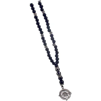 Ожерелье с подвеской-компасом, персонализированное мужское ожерелье из черного агата, ожерелье из бисера
