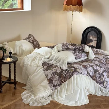 Комплект из чистого хлопка 100-х годов с длинным штапельным хлопком из четырех частей, шифоновое кружевное одеяло с принтом в стиле ретро, все хлопчатобумажные постельные принадлежности