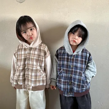 Детская верхняя одежда для мальчиков, весна-осень, Клетчатые толстовки для маленьких мальчиков, Универсальные свободные детские пальто для мальчиков