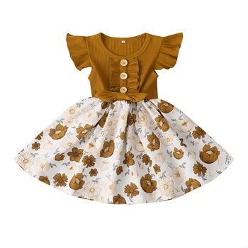 Летнее платье для маленьких девочек с цветочным принтом, вязаная детская одежда в стиле пэчворк, костюм принцессы от 0 до 8 лет, детские платья с бантом