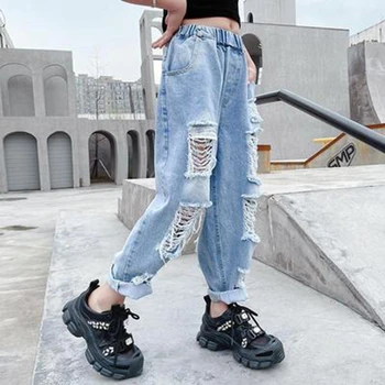 Новый стиль, модные рваные джинсы для девочек, джинсовые брюки для детей 4-14 лет, Корейские Подростковые Свободные брюки-карандаш, летняя одежда