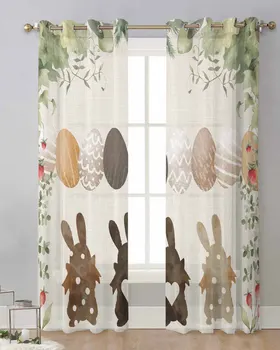 Пасхальные яйца, кролик, акварельные цветы, прозрачные занавески для окна гостиной, Прозрачная вуаль, тюлевая занавеска, шторы для домашнего декора